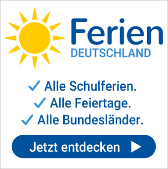 Gelbe Sonne mit blauem Text und Button. Alle Ferien und Feiertage in Deutschland entdecken.